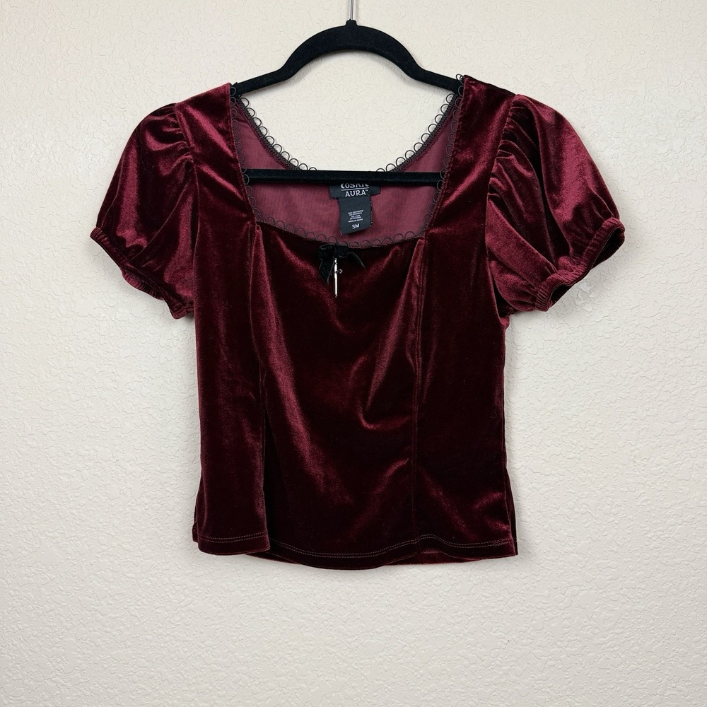 Cosmic Aura Red Velvet Puff Sleeve Crop Top Goth Ren Fair Cross Dark Romantic SM